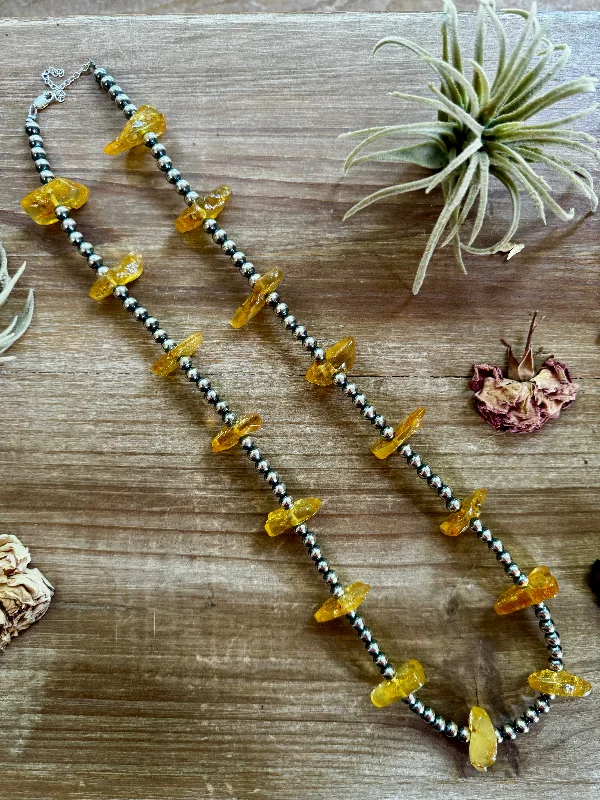 nature-inspired necklaces for women -26 inch sterling silver pearls necklace with yellow amber beads