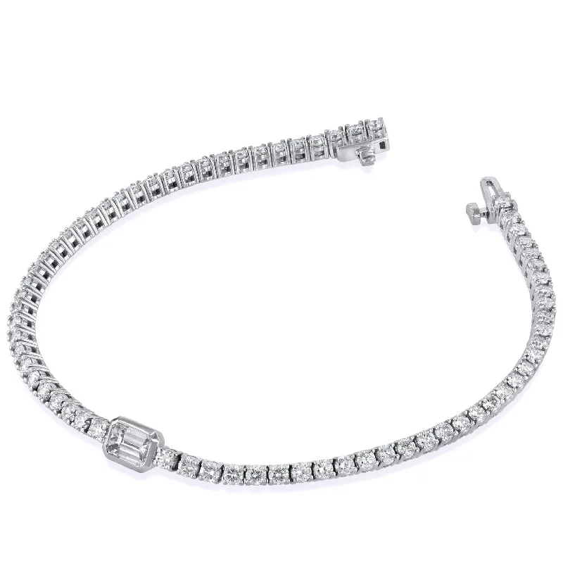 romantic bracelets for women -Center Emerald Cut Diamond White Gold Tennis Bracelet