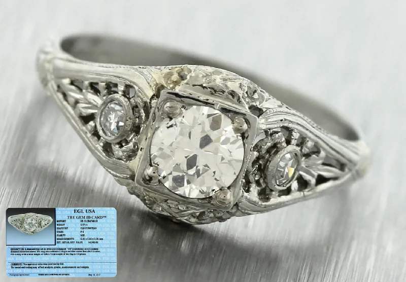 oval solitaire engagement rings -Antique Art Deco Estate 18K White Gold .63ctw Diamond Filigree Engagement Ring