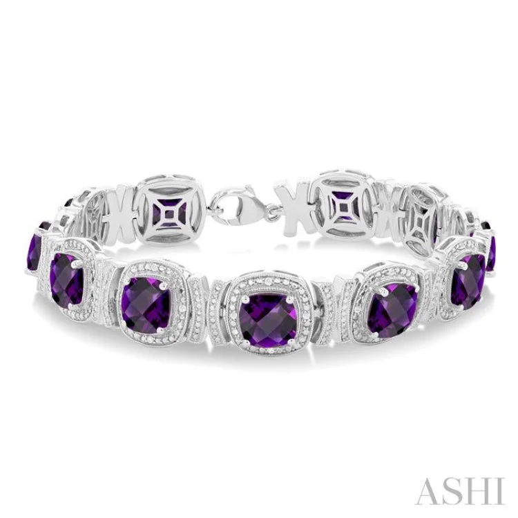 open heart bracelets for women -1/10 ctw Cushion Cut 7X7MM Amethyst and Round Cut Diamond Semi Precious Bracelet in Sterling Silver