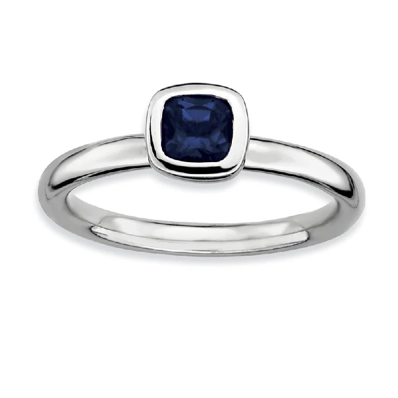 sapphire eternity rings for women -Silver Stackable Cushion Cut Created Sapphire Solitaire Ring