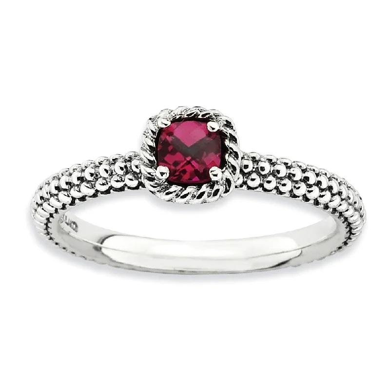 cocktail rings for women -Antiqued Sterling Silver Stackable Created Ruby Ring