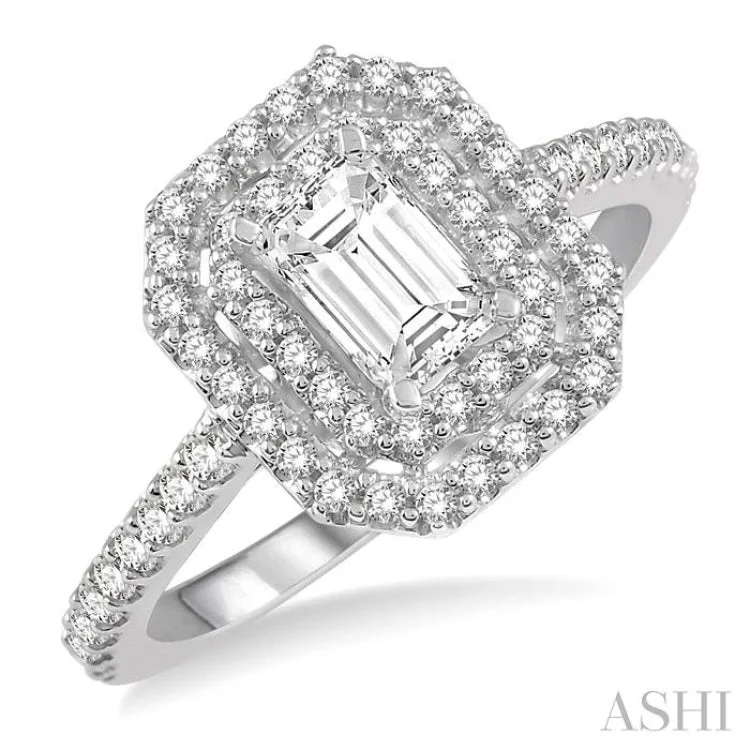 alternative engagement rings -1/2 Ctw Diamond Ladies Engagement Ring with 1/4 Ct Emerald Cut Center Stone in 14K White Gold