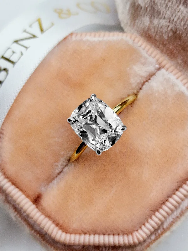 bold statement engagement rings -3.20 Carats Lab Grown Elongated Old Mine Cut Solitaire Hidden Halo Diamond Engagement Ring