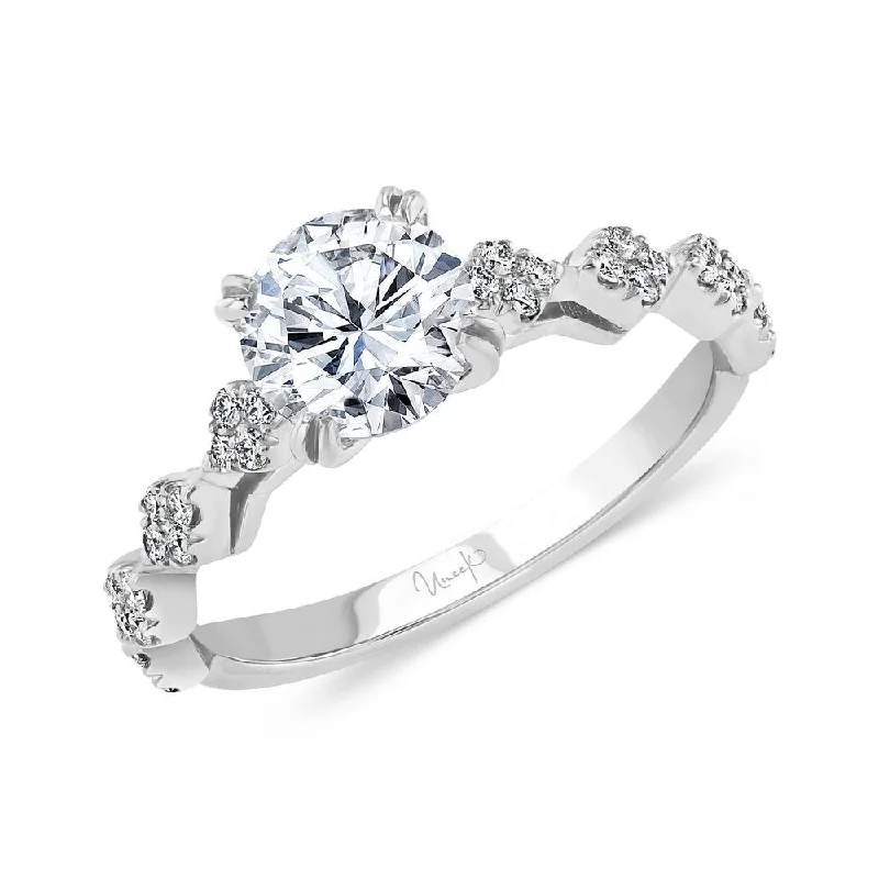 thin band engagement rings -Uneek Us Collection Round Diamond Cathedral Setting Engagement Ring, with Diamond-Shaped Cluster Accents