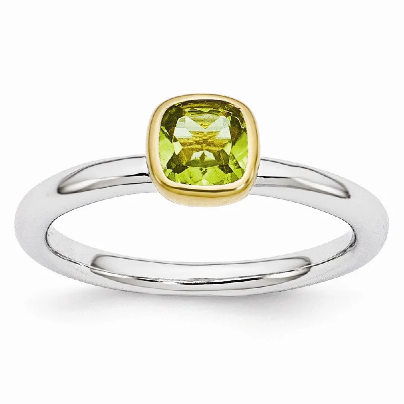 floral rings for women -Two Tone Sterling Silver Stackable 5mm Cushion Peridot Ring