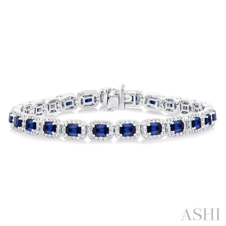 best delicate bracelets for women -2 1/5 ctw 4X3MM Sapphire and Round Cut Diamond Halo Precious Tennis Bracelet in 14K White Gold