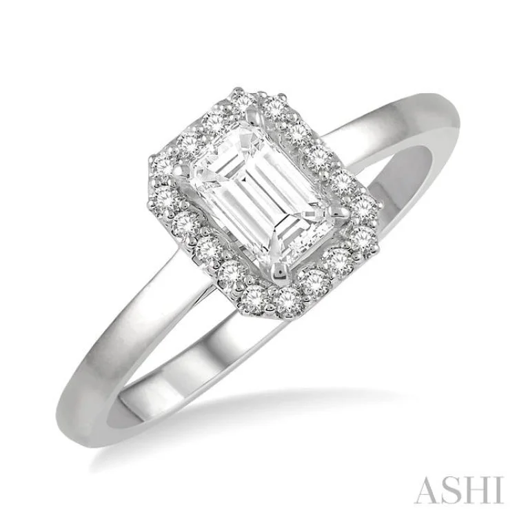 delicate pave engagement rings -1/3 Ctw Round Cut Diamond Engagement Ring With 1/4 ct Emerald Cut Center Stone in 14K White Gold