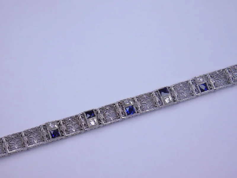 thick silver bracelets for women -14K ART DECO DIAMOND AND BLUE STONE BRACELET