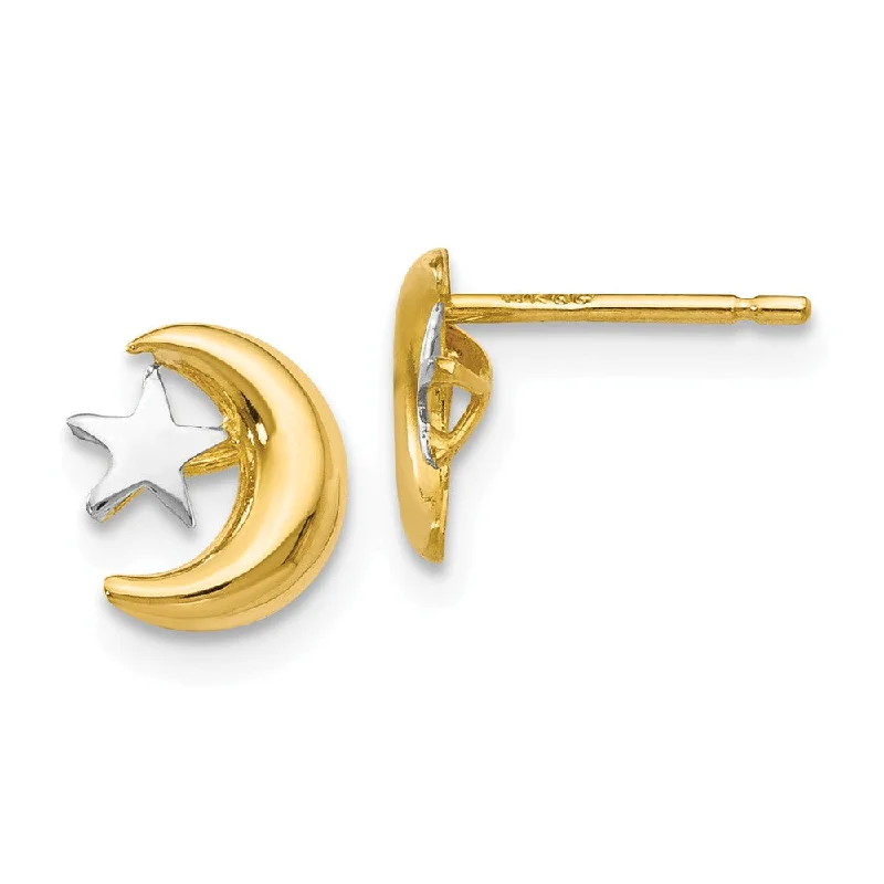 gold-plated earrings for women -8mm Two Tone Moon and Star Post Earrings in 14k Gold and Rhodium