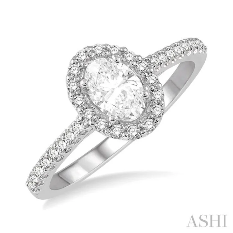 handcrafted engagement rings -3/8 Ctw Diamond Ladies Engagement Ring with 1/4 Ct Oval Cut Center Stone in 14K White Gold