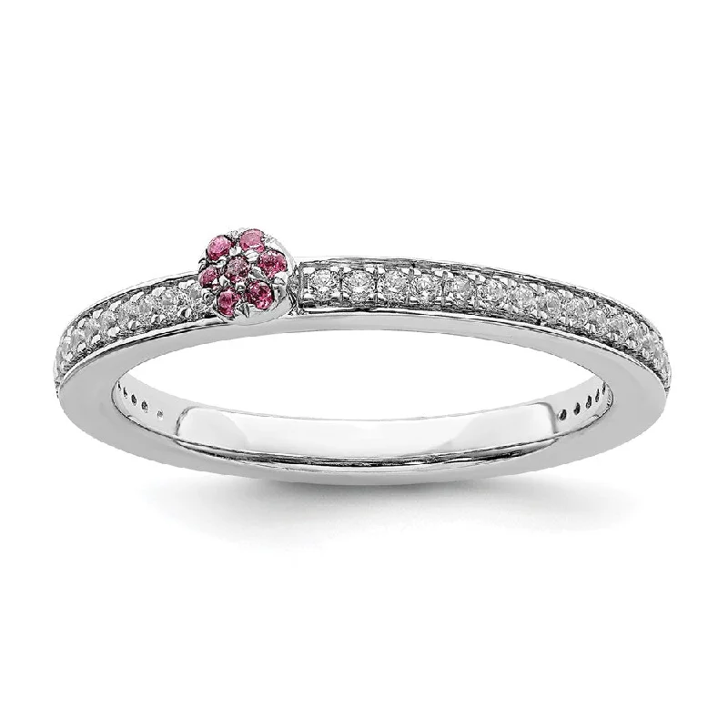 floral rings for women -14k White Gold, Pink Tourmaline & 1/8 Ctw Diamond Stackable Ring