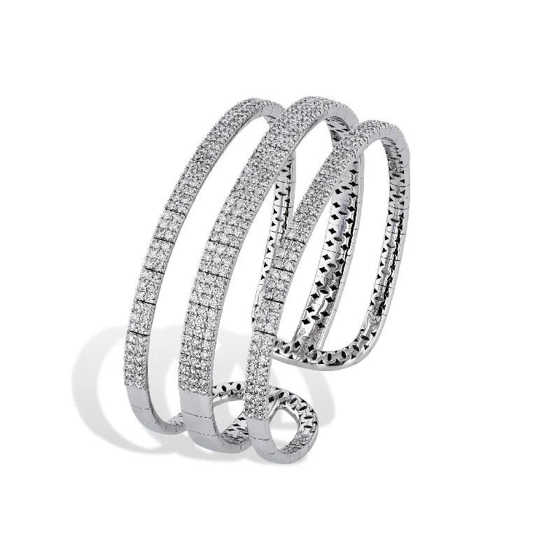 layering bracelets for women -Three Row White Gold Diamond Cuff Bracelet