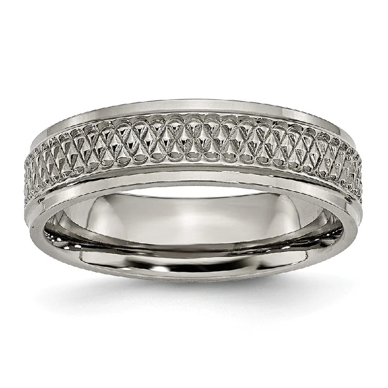 wide band rings for women -Titanium 6mm Ridged Edge And Weave Design Comfort Fit Band