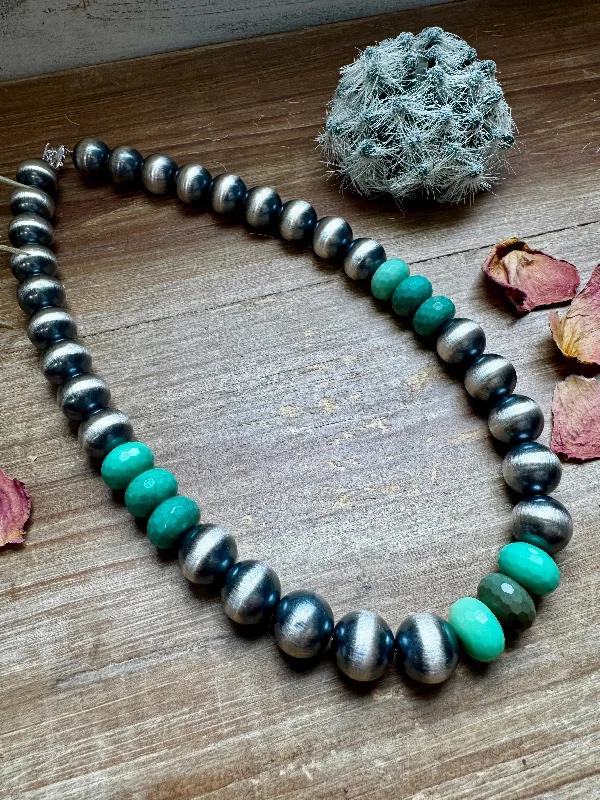 twist necklaces for women -19 Inch 14 mm Sterling Silver Pearls necklace with Australian Green Grass Agate