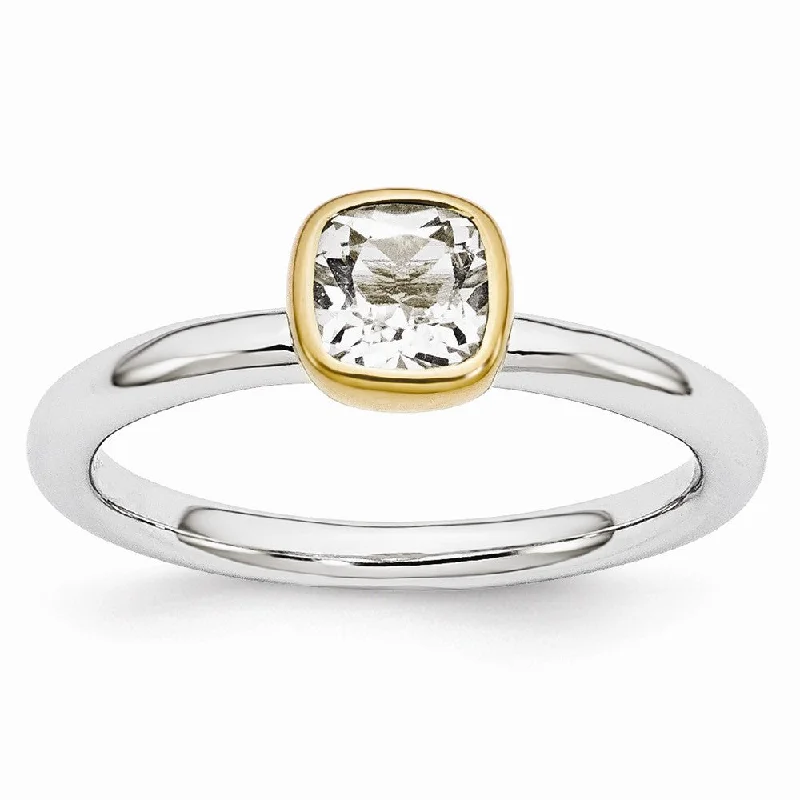 zodiac sign rings for women -Two Tone Sterling Silver Stackable 5mm Cushion White Topaz Ring