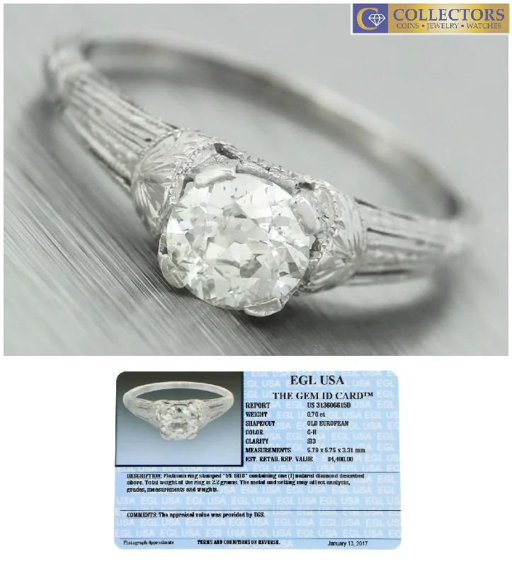 blue sapphire engagement rings -$4,400 Ladies Antique Art Deco Platinum 0.70ct Diamond Engagement Ring EGL USA