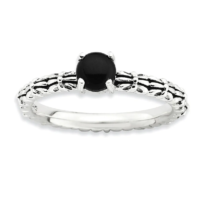 pave rings for women -Antiqued SS Stackable Black Agate Ring