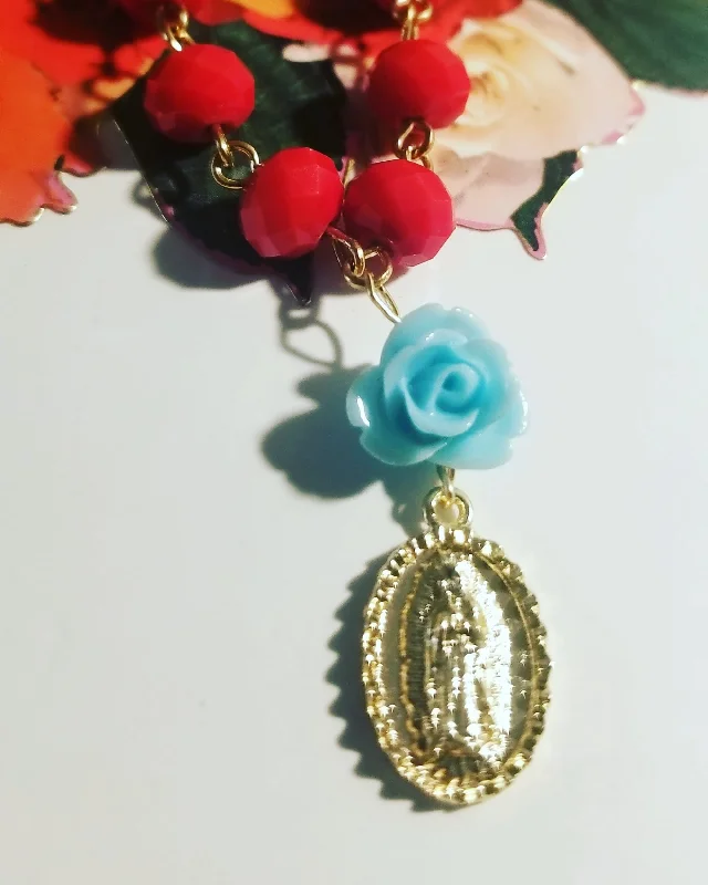 bar necklaces for women -Virgen Guadalupe Rosary Charm Necklace