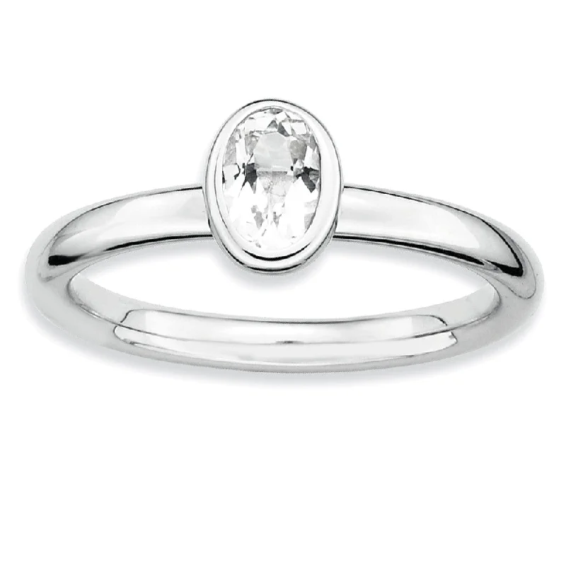 wedding band rings for women -Silver Stackable Oval White Topaz Solitaire Ring