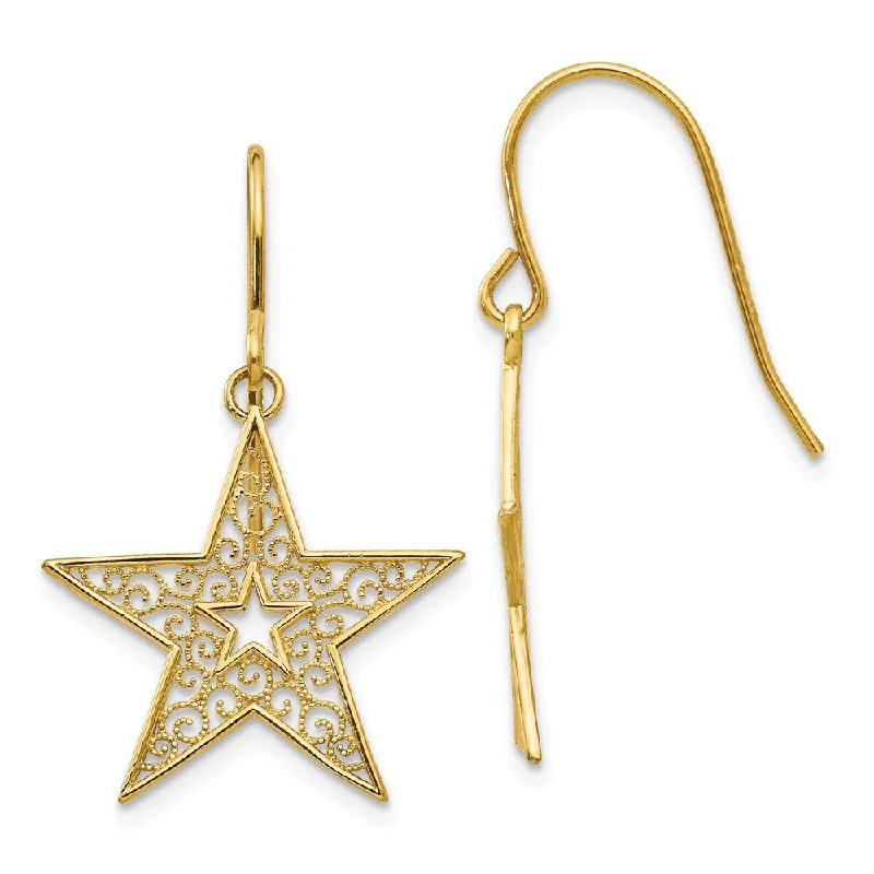 stylish gold earrings for women -18mm Filigree Star Dangle Earrings in 14k Yellow Gold