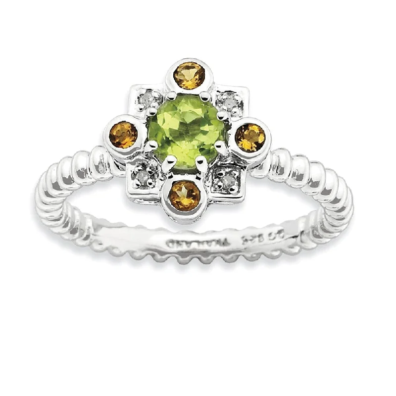 boho rings for women -Sterling Silver Stackable Peridot, Citrine & .02ctw HI/I3 Diamond Ring