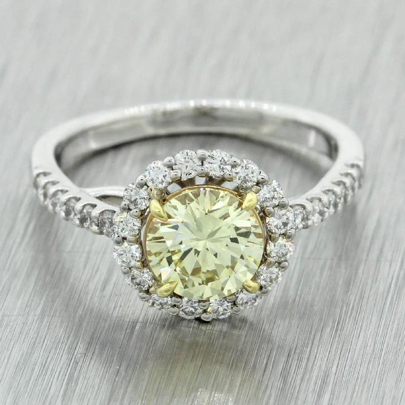 modern classic engagement rings -Modern 18k White Gold 1.27ct Fancy Yellow Diamond Halo Engagement Ring EGL $9300