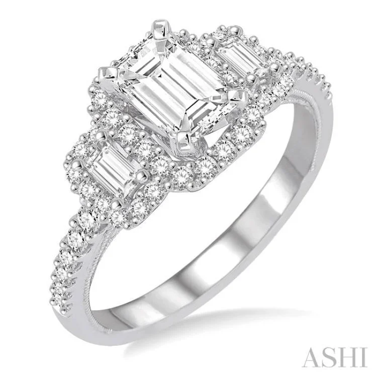 twisted band engagement rings -1 1/3 Ctw Diamond Engagement Ring with 3/4 Ct Emerald Cut Center Stone in 14K White Gold