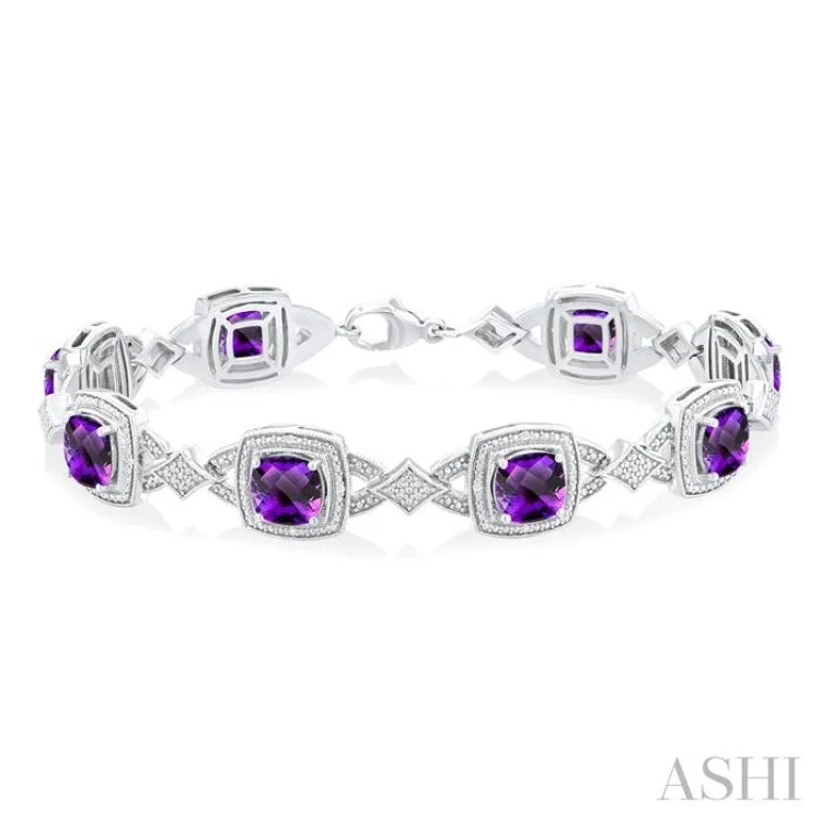 celestial bracelets for women -1/10 ctw Cushion Cut 7X7MM Amethyst and Round Cut Diamond Semi Precious Bracelet in Sterling Silver