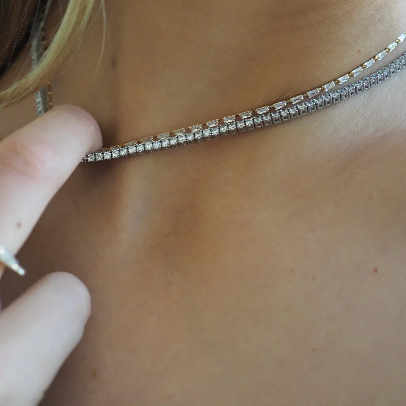 stylish silver necklaces for women -TULUM MICRO PAVE BAGUETTE + MIMI TENNIS  NECKLACE