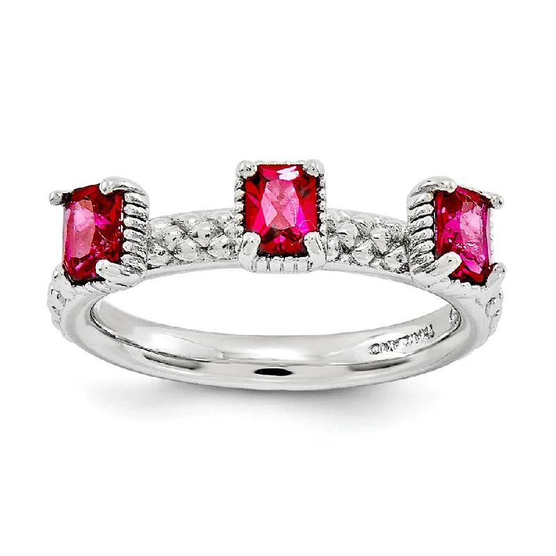 classic solitaire rings for women -Sterling Silver Stackable Created Ruby Octagon Three Stone Ring