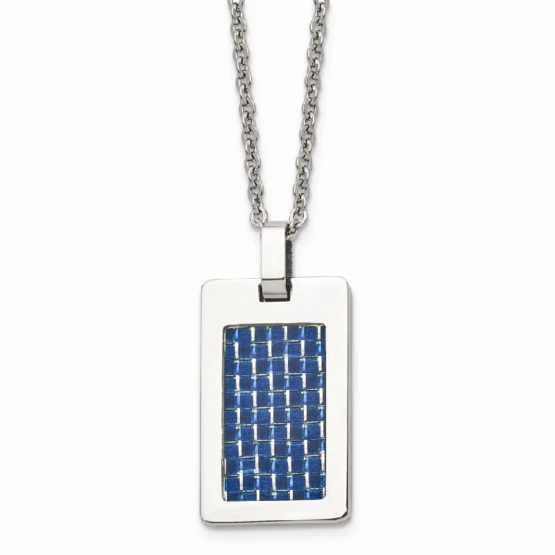 delicate charm necklaces for women -Stainless Steel Polished with Blue Carbon Fiber Inlay Dog Tag Necklace