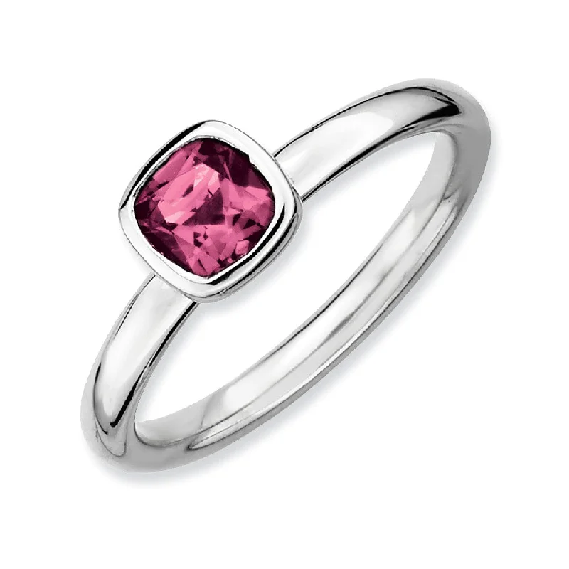 cubic zirconia solitaire rings -Silver Stackable Cushion Cut Pink Tourmaline Solitaire Ring