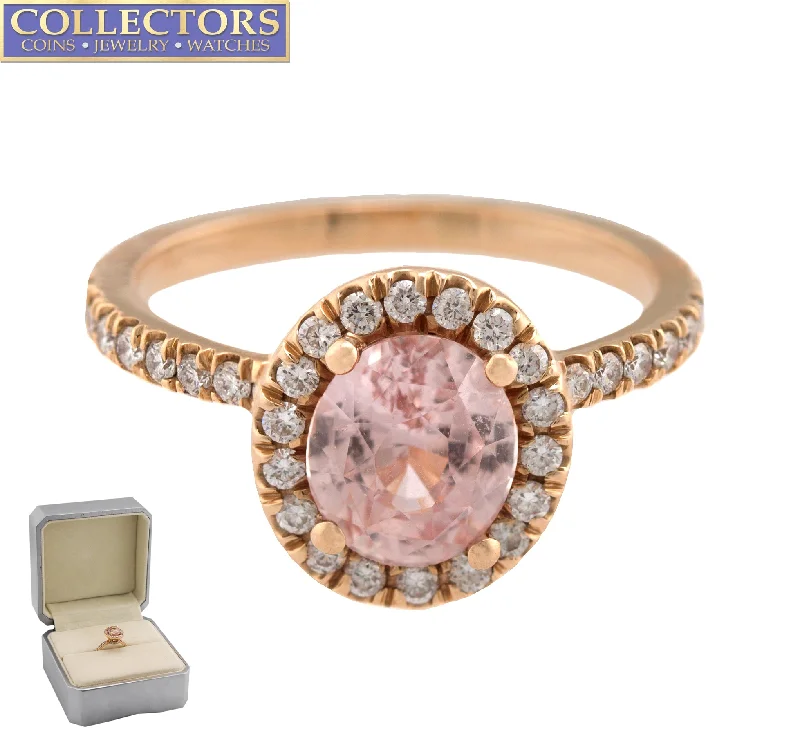 platinum engagement rings -Ladies 14K Rose Gold 1.86ct Oval Cut Pink Sapphire Diamond Halo Engagement Ring