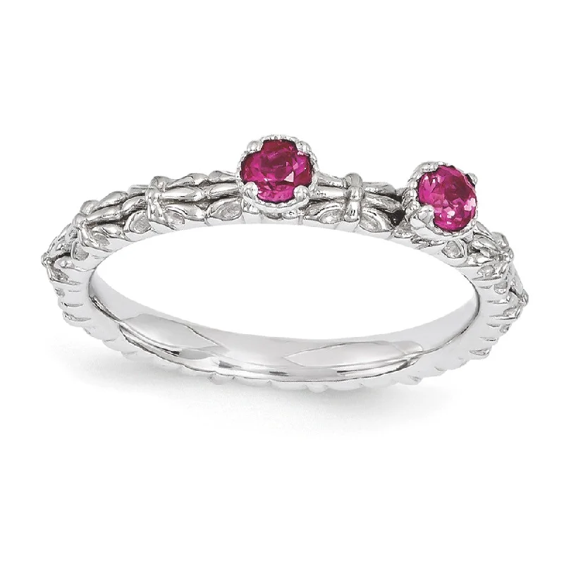 cubic zirconia rings for women -Sterling Silver Stackable Created Ruby Round Two Stone Ring