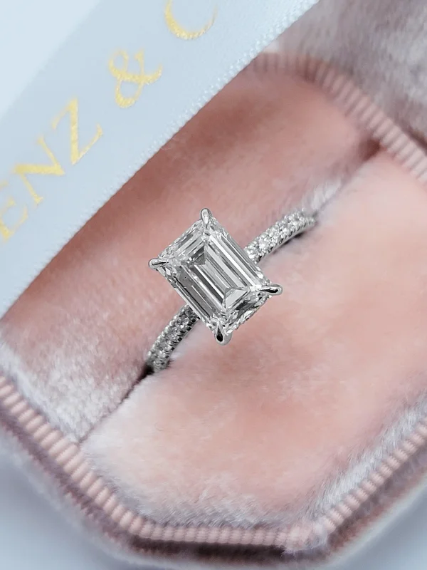 criss-cross engagement rings -2.52 Carats Lab Grown Emerald Cut Micropaved Side Stones Hidden Halo Diamond Engagement Ring