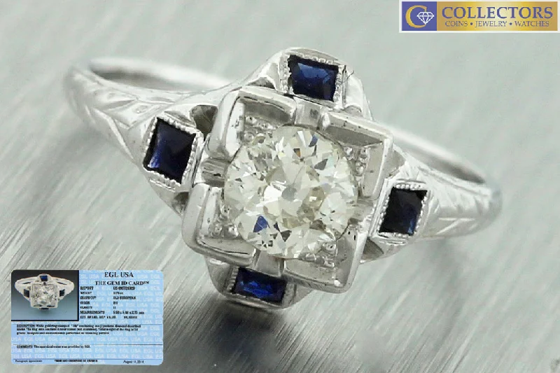 handmade engagement rings -Antique Art Deco 18K Gold 0.75ct Old European Diamond Sapphire Engagement Ring