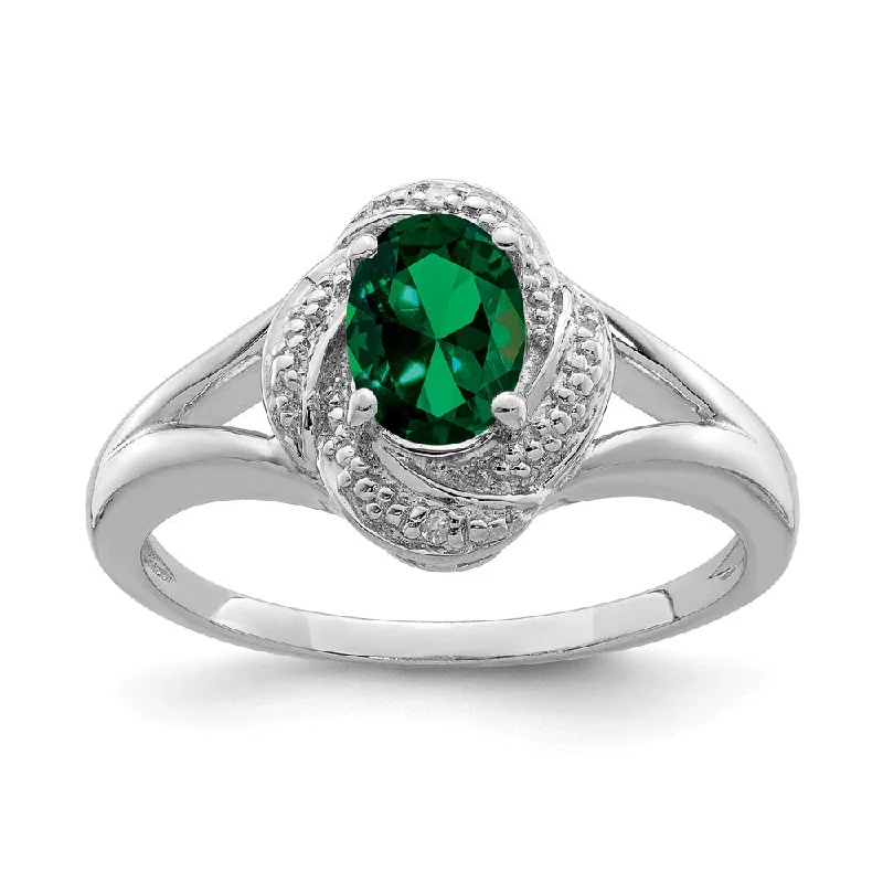 eternity rings for women -Sterling Silver .01 Ctw Diamond & Oval Created Emerald Ring