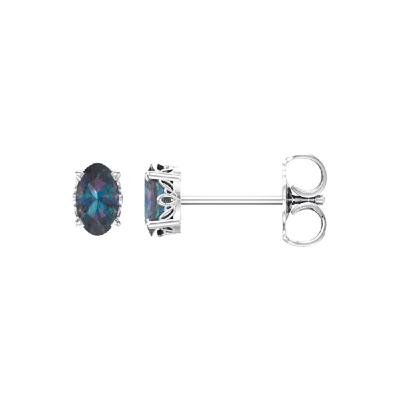 infinity earrings for women -Stud Earrings in 14k White Gold with Oval Lab Created Alexandrite