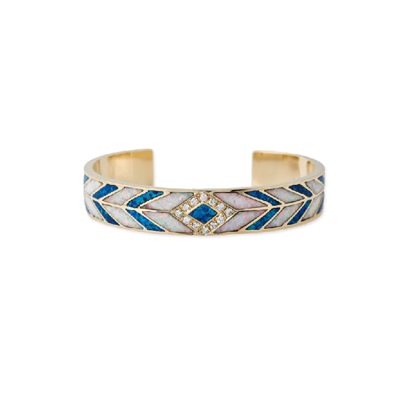 nature-inspired bracelets for women -PAVE BLUE OPAL + CHEVRON OPAL INLAY CUFF BRACELET