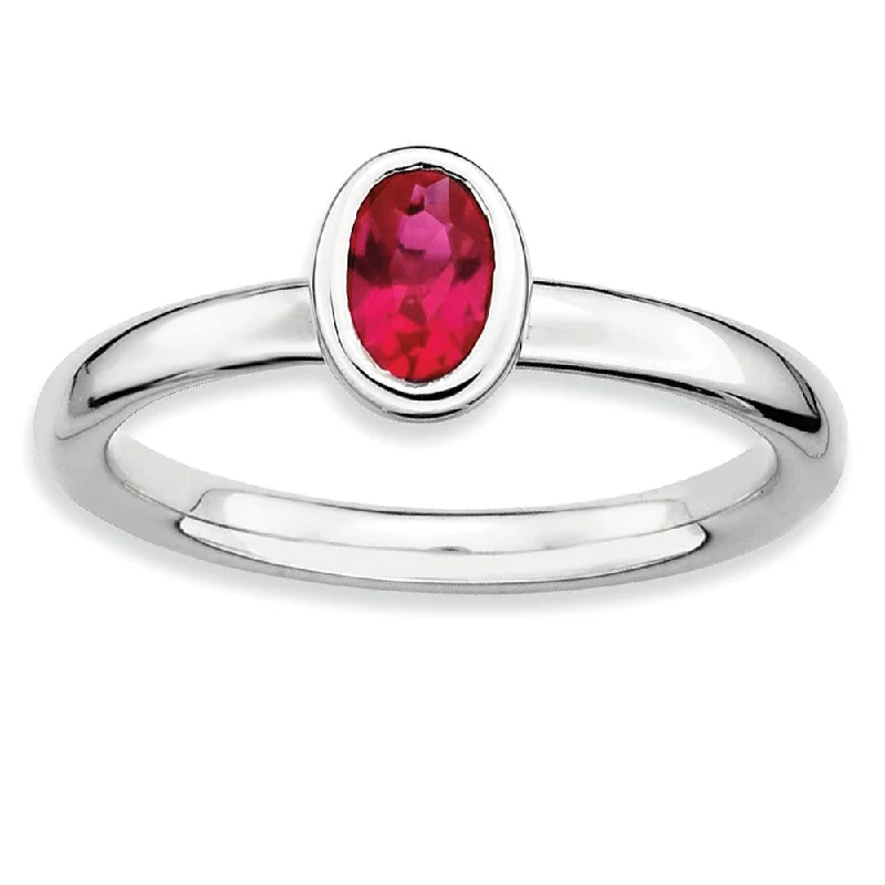 minimalist rings for women -Sterling Silver Stackable Oval Created Ruby Solitaire Ring