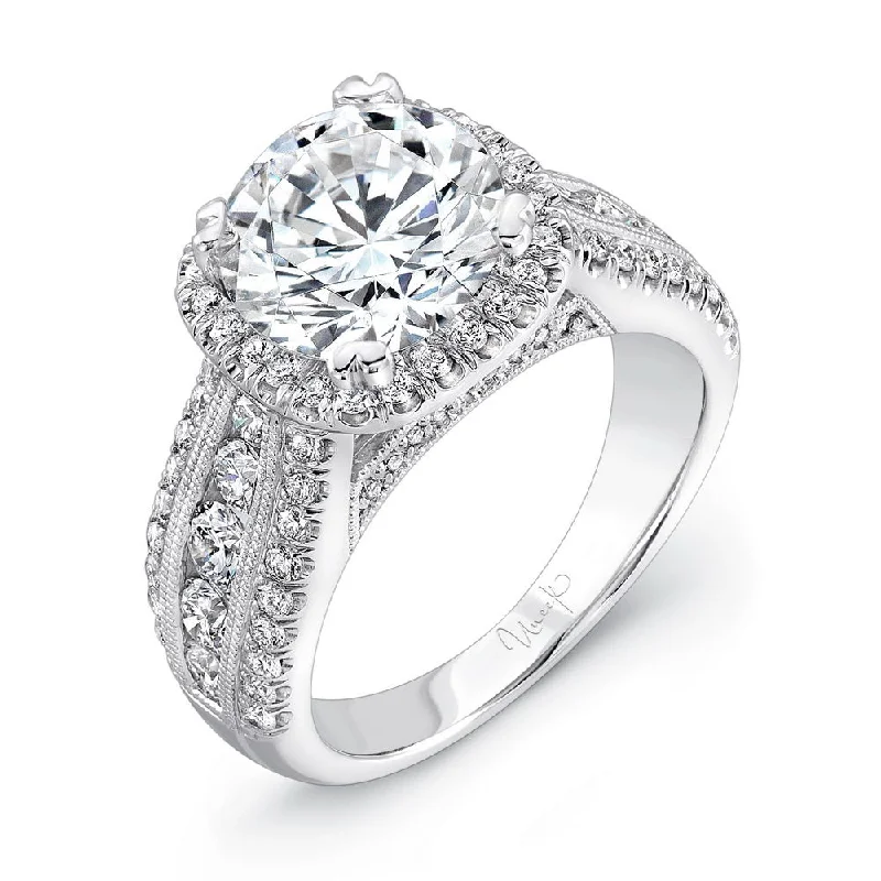 channel set engagement rings -Uneek 1-Carat Round-Diamond-on-Cushion-Halo Wide-Band Engagement Ring with Three-Row Channel- and Pave-Set Melees