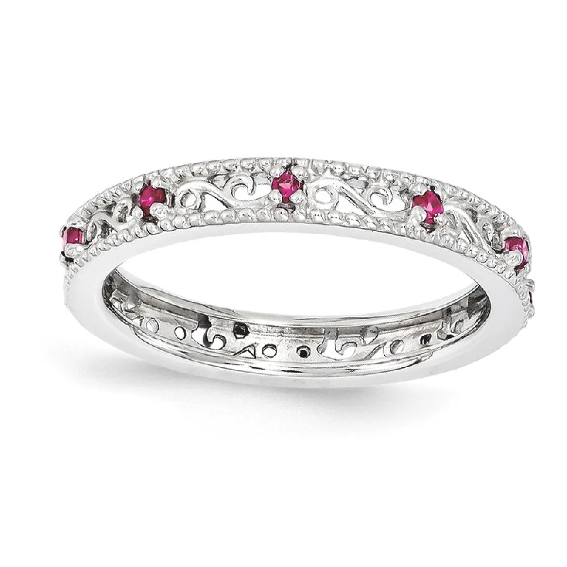 knotted rings for women -3mm Sterling Silver Stackable Expressions Created Ruby Scroll Band