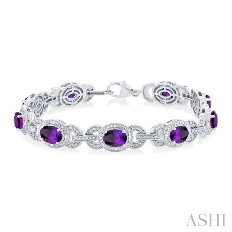 ruby bracelets for women -1/10 ctw Oval Cut 7x5MM Amethyst and Round Cut Diamond Semi Precious Bracelet in Sterling Silver