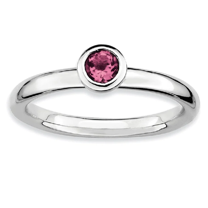 high-end rings for women -Stackable Low Profile 4mm Pink Tourmaline Silver Ring