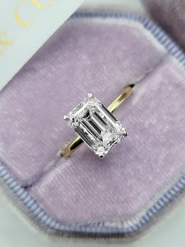 bridal set engagement rings -3.18 Carats Lab Grown Emerald Cut Two Tone Solitaire Hidden Halo Diamond Engagement Ring