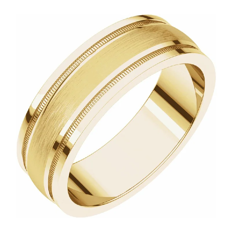 birthstone rings for women -6mm 14K Yellow Gold Flat Edge Satin Center Milgrain Comfort Fit Band