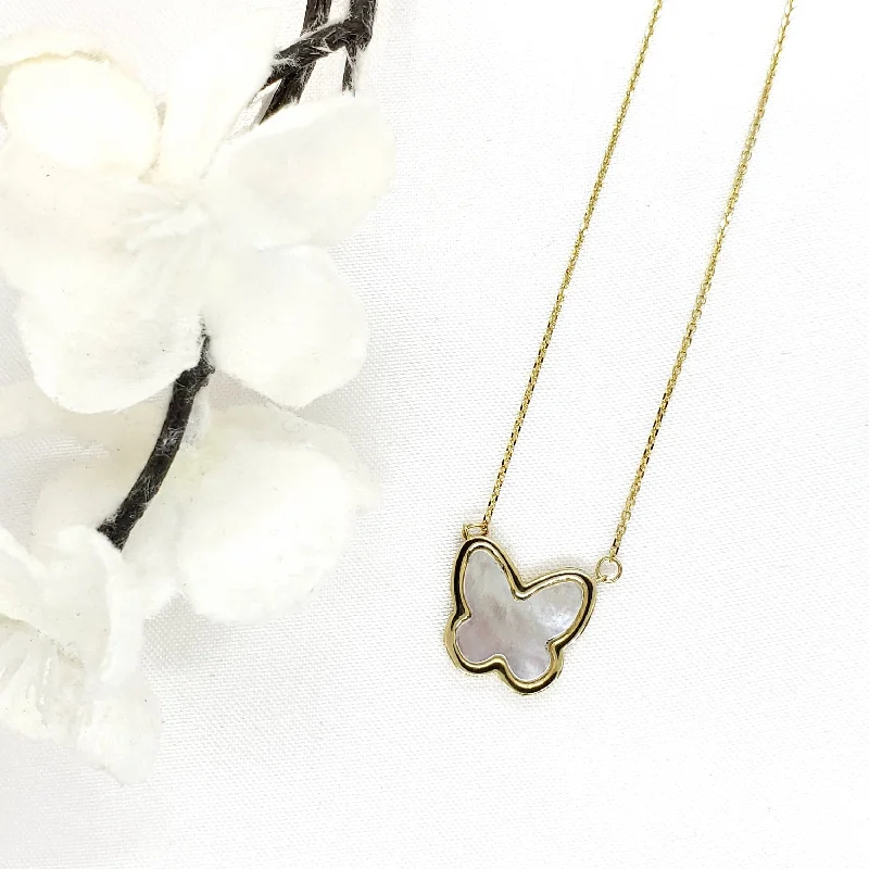 wedding necklaces for women -10k Gold Pearl Butterfly Necklace