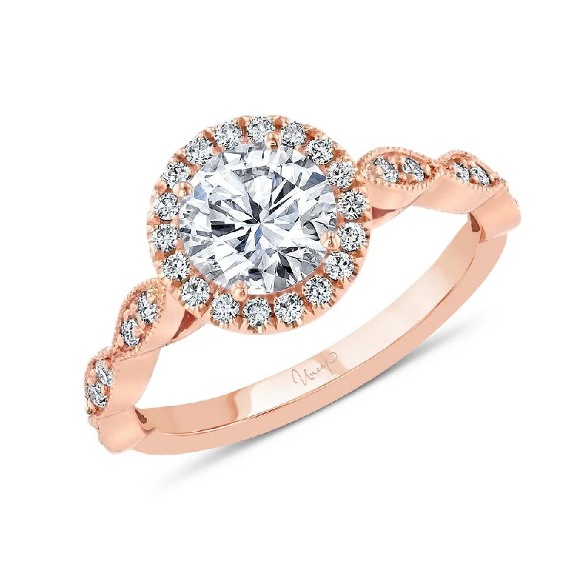 eco-friendly engagement rings -Uneek Us Collection Round Diamond Halo Engagement Ring, with Milgrain-Trimmed Marquise-Shaped Clusters