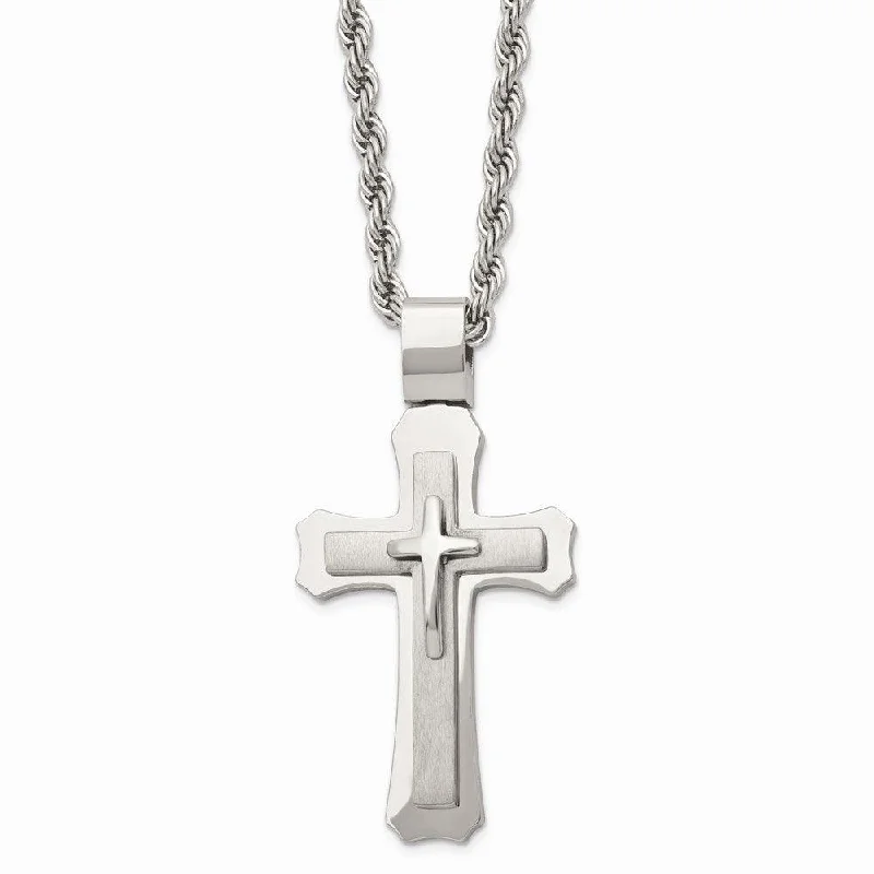 high-quality gold necklaces for women -Stainless Steel Brushed and Polished Triple Layer Cross Necklace